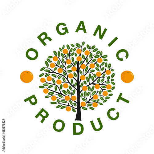 Logo en forme de tampon rond pour des productions biologiques d’oranges avec au centre un oranger.