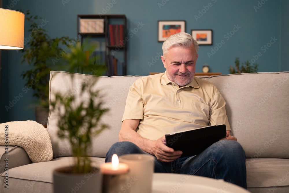 Fototapeta premium Smiling grey-haired man relaxing in living room with tablet. A pensioner reads the news on the internet. Senior man reads ebooks, online blogs. A senior man learns to use electronic devices.
