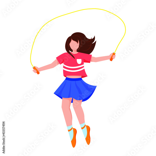 Girl with skipping rope in her hands. Summer activities. Vector illustration