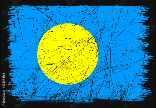 Creative grunge flag of Palau country. Happy constitution day of Palau. Brush flag on shiny black background