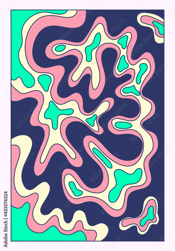 vintage vector interior poster in hippie style.70s and 60s funky and groove postcard.Psychedelic pattern with waves shapes.Abstract shapes for wallpaper and background.acid stains.print for postcards