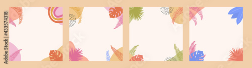 Bohemian Summer Sale Poster Template Set with tropic palm leaves and abstract shapes. Social media post, banner, boho background in modern flat style in pastel colors. Trendy Vector illustration.