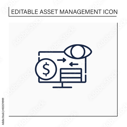 Assets monitoring line icon.Monitoring accounts. Logs information about tangible assets on laptop.Business concept. Isolated vector illustration.Editable stroke