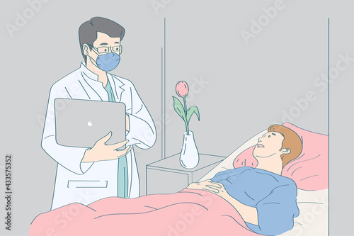 physician analysis, diagnosis and consulting how to prevent disease, doctor take examination case and advice to patient with pink tulip in the ward