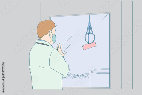Middle aged man with mask play crane claw game, risk game machine, grab the red ticket with fortune chance.