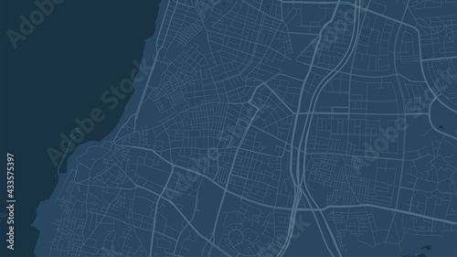 Dark blue Tel Aviv Yafo city area vector background map, streets and water cartography illustration.