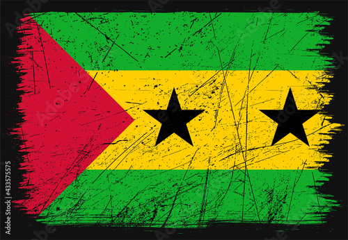 Creative grunge flag of Sao Tome and Principe country. Happy independence day of Sao Tome and Principe. Brush flag on shiny black background