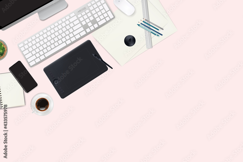 Realistic workspace elements, workplace with elements on desk top  view,Modern Technology working Place, plant,keyboard,cup of coffee,  smartphone,monitor,writting item vector graphic on pink. Stock Vector |  Adobe Stock