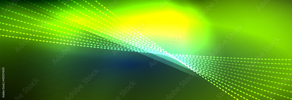 Neon shiny color background with light glowing wave line particles. Wallpaper background, design templates for business or technology presentations, internet posters or web brochure covers Neon shiny color background with light glowing wave line particles. Wallpaper background, design templates for business or technology presentations, internet posters or web brochure covers