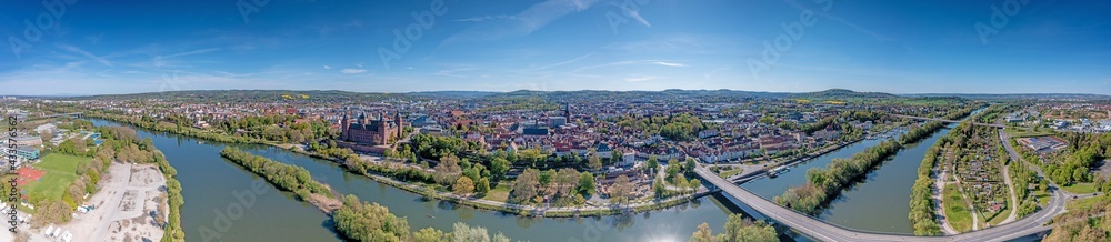Panoramic aerial view over German city Aschaffenburg on the river Main