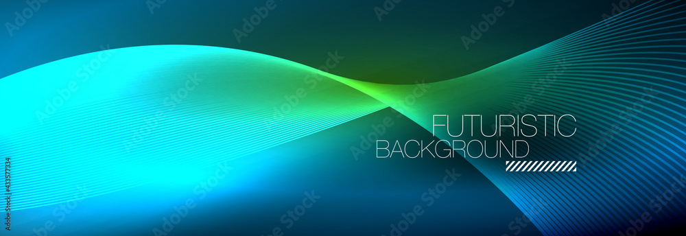 Abstract neon glowing light in the dark with waves. Shiny magic energy and motion concept, vector abstract wallpaper background Abstract neon glowing light in the dark with waves. Shiny magic energy and motion concept, vector abstract wallpaper background