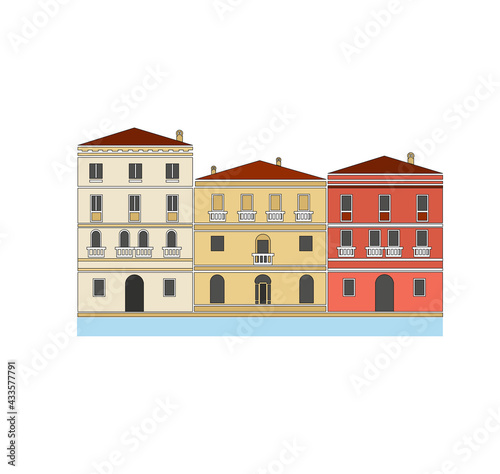 DRAWING OF HISTORICAL BUILDINGS OF VENICE, ANCIENT ITALIAN ARCHITECTURE IN GOTHIC AND NEOCLASSIC STYLE