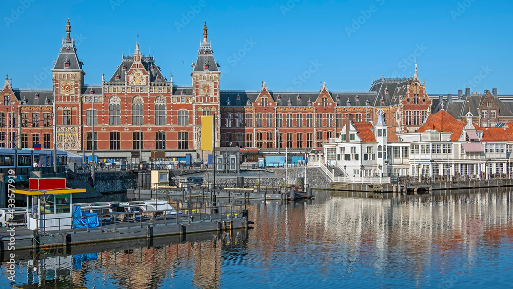City scenic from Amsterdam with the Central Station in the Netherlands