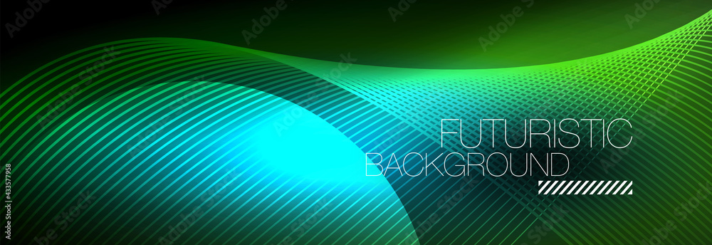Abstract neon glowing light in the dark with waves. Shiny magic energy and motion concept, vector abstract wallpaper background Abstract neon glowing light in the dark with waves. Shiny magic energy and motion concept, vector abstract wallpaper background