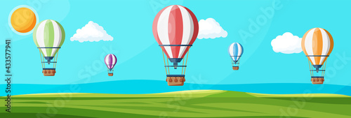 Hot Air Balloon In The Sky With Clouds and Sun. Vintage Air Transport. Nature Outdoor Background. Aerostat With Basket. Nature Landscape Of Green Hills. Flat Vector Illustration