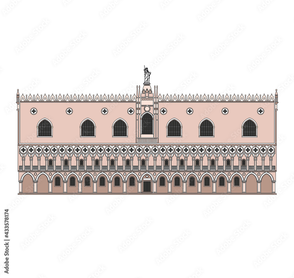 DRAWING OF HISTORICAL BUILDINGS OF VENICE, ANCIENT ITALIAN ARCHITECTURE IN GOTHIC AND NEOCLASSIC STYLE