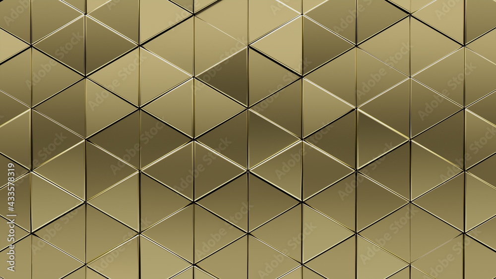 3D, Triangular Mosaic Tiles arranged in the shape of a wall. Polished, Glossy, Bullion stacked to create a Gold block background. 3D Render 3D, Triangular Mosaic Tiles arranged in the shape of a wall. Polished, Glossy, Bullion stacked to create a Gold block background. 3D Render