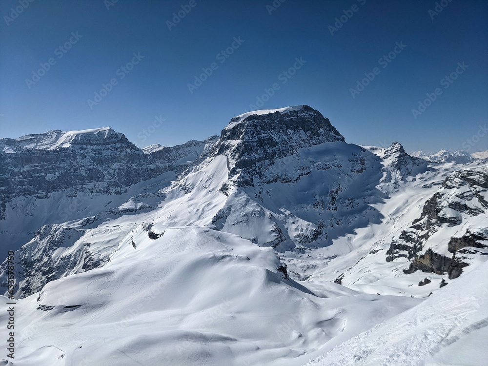 wonderful view from gemsfairen to toedi. Fantastic winter mountain landscape in Glarus. Ski mountaineering. Summit