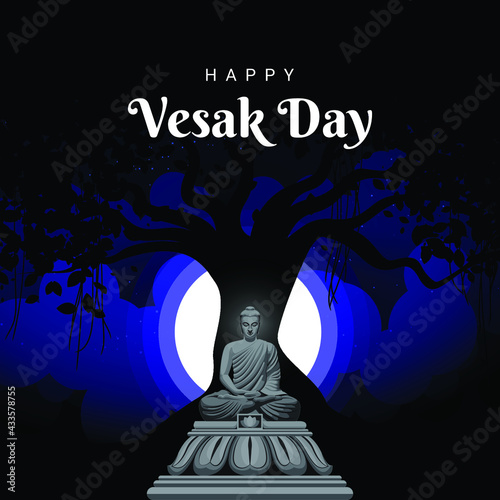 Happy Vesak Day Illustration with blue background, buddha sitting under a tree