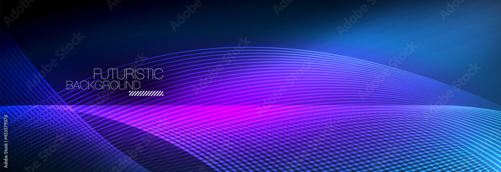 Abstract neon glowing light in the dark with waves. Shiny magic energy and motion concept, vector abstract wallpaper background Abstract neon glowing light in the dark with waves. Shiny magic energy and motion concept, vector abstract wallpaper background