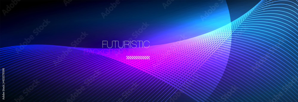 Abstract neon glowing light in the dark with waves. Shiny magic energy and motion concept, vector abstract wallpaper background Abstract neon glowing light in the dark with waves. Shiny magic energy and motion concept, vector abstract wallpaper background