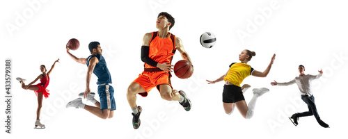 Collage of different professional sportsmen, fit people in action and motion isolated on white background. Flyer. © master1305