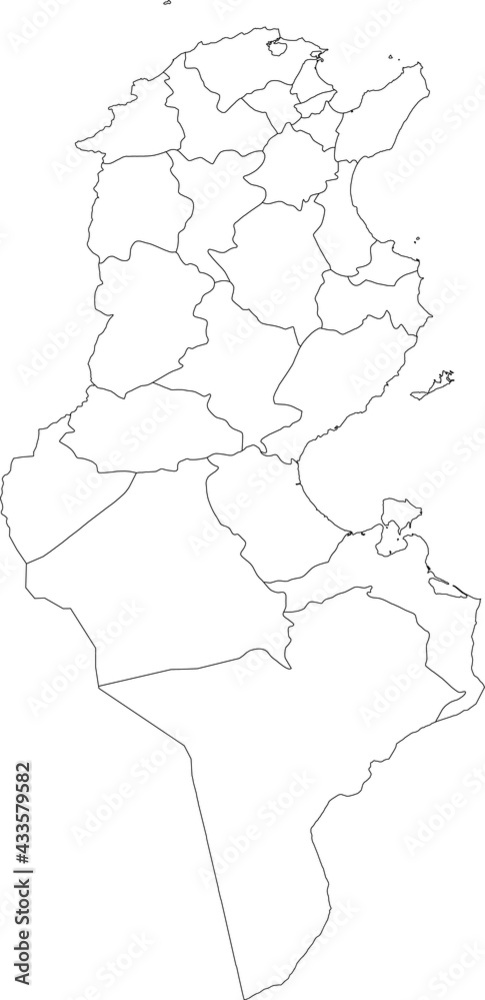 White blank vector map of the Tunisian Republic with black borders of its governorates