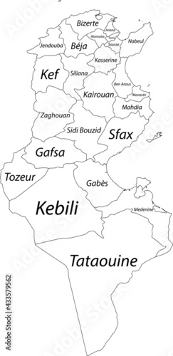 White blank vector map of the Tunisian Republic with black borders and names of its governorates