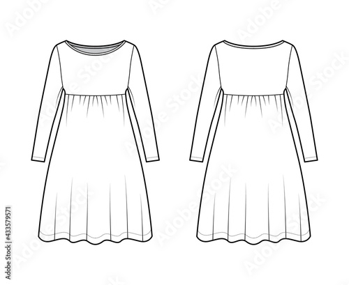 Dress babydoll technical fashion illustration with long sleeves, oversized body, knee length A-line skirt, boat neck. Flat apparel front, back, white color style. Women, men unisex CAD mockup