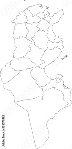 White blank vector map of the Tunisian Republic with black borders of its governorates