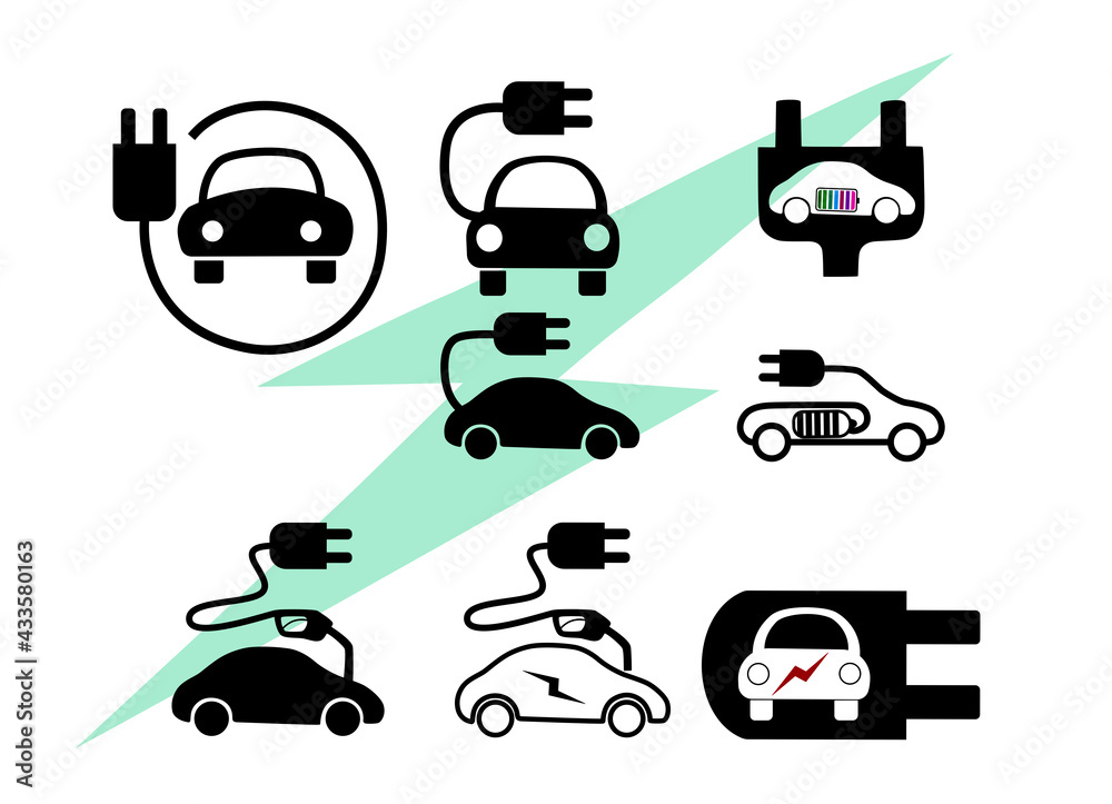 Electric vehicle logo and chart stand, flat design for advertising on green background, concept of eco-friendly engine and clean energy. Environment friendly Electric vehicle logo and chart stand, flat design for advertising on green background, concept of eco-friendly engine and clean energy. Environment friendly