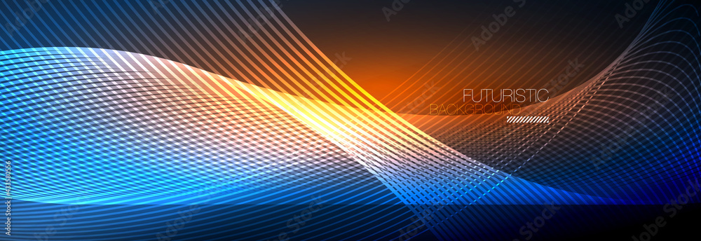Abstract neon glowing light in the dark with waves. Shiny magic energy and motion concept, vector abstract wallpaper background Abstract neon glowing light in the dark with waves. Shiny magic energy and motion concept, vector abstract wallpaper background