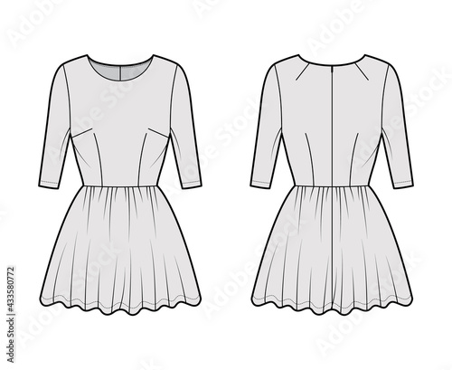 Dress short technical fashion illustration with elbow sleeve, fitted body, mini length full skirt. Flat apparel front, back, grey color style. Women, men unisex CAD mockup