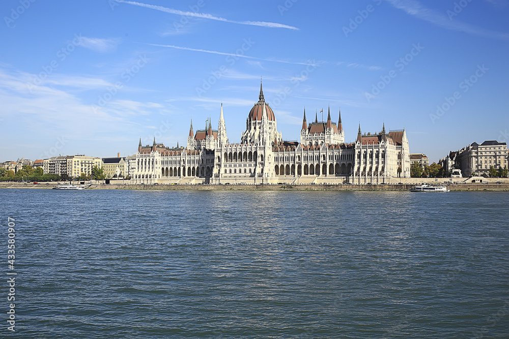 Fototapeta premium Budapest parliament landscape, tourist view of the capital of hungary in europe, architecture landscape