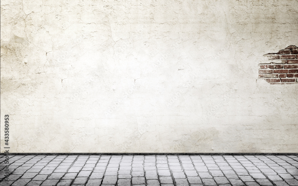 Fototapeta premium Grunge interior concept background, red brick wall texture bright plaster wall and blocks road sidewalk abandoned exterior urban background for your concept or project. Vintage room.