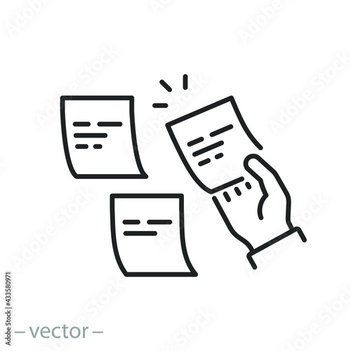 brainstorm strategy post icon, note slips paper on board, workshop, analyzing marketing presentation, thin line symbol on white background - editable stroke vector eps10