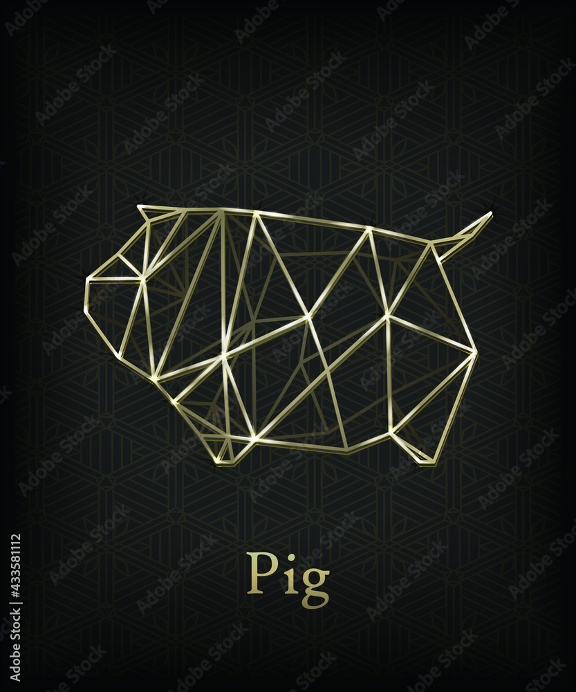 Abstract Art Golden Outline Icon Chinese Zodiac Pig Icon with Glowing Triangle Polygon on Diamond Repeat Pattern Background Illustration Vector Template Design Concept Abstract Art Golden Outline Icon Chinese Zodiac Pig Icon with Glowing Triangle Polygon on Diamond Repeat Pattern Background Illustration Vector Template Design Concept