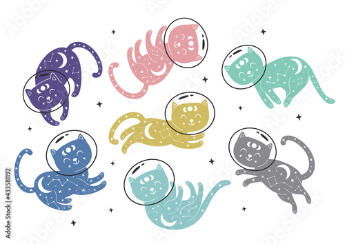 
set of isolated colorful space cats