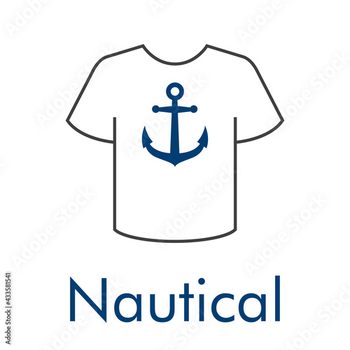 Logotipo con texto Nautical y silueta de ancla de barco en camiseta en color azul y gris