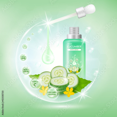 Cucumber white body serum, Extract Collagen and Vitamin. Cucumber skin care cream. Vector EPS10.
