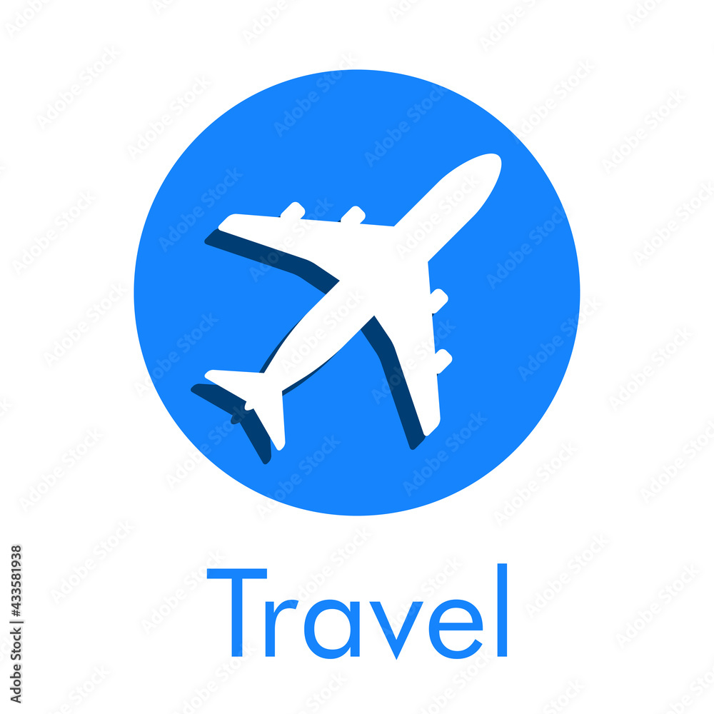 Logotipo con texto Travel y silueta de avión con sombra en círculo en color azul	