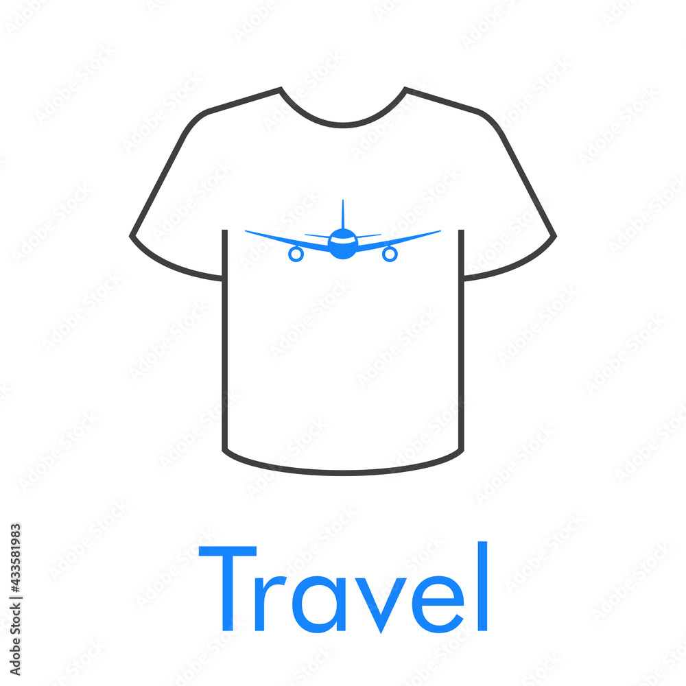 Logotipo con texto Travel y silueta de avión en camiseta en color azul y gris