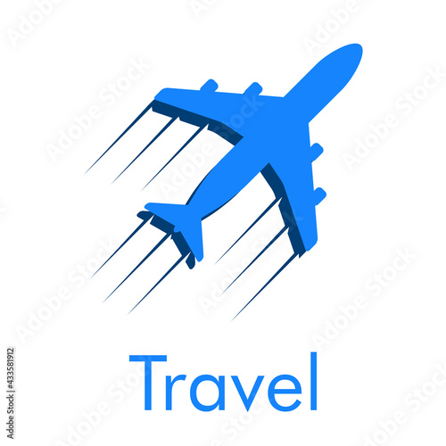 Logotipo con texto Travel y silueta de avión con sombra con lineas de velocidad en color azul