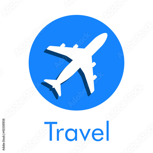 Logotipo con texto Travel y silueta de avión con sombra en círculo en color azul	
