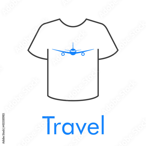 Logotipo con texto Travel y silueta de avión en camiseta en color azul y gris