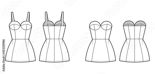 Set of dresses tube technical fashion illustration with bustier, sleeveless, fitted body, mini length ruffle tiered skirt. Flat apparel front, back, white color style. Women, men unisex CAD mockup