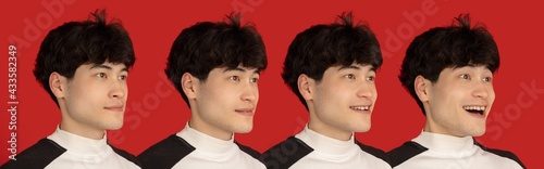 Asian man's portrait isolated over red studio background with copyspace. Evolution of emotions.