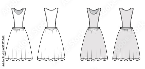 Dress pinafore apron technical fashion illustration with sleeveless, knee length full skirt. Flat apparel front, back, white, grey color style. Women, men unisex CAD mockup