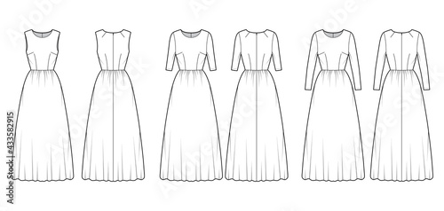 Set of dresses long technical fashion illustration with long medium short sleeve, fitted body, midi floor length full skirt. Flat apparel front, back, white color style. Women, men unisex CAD mockup