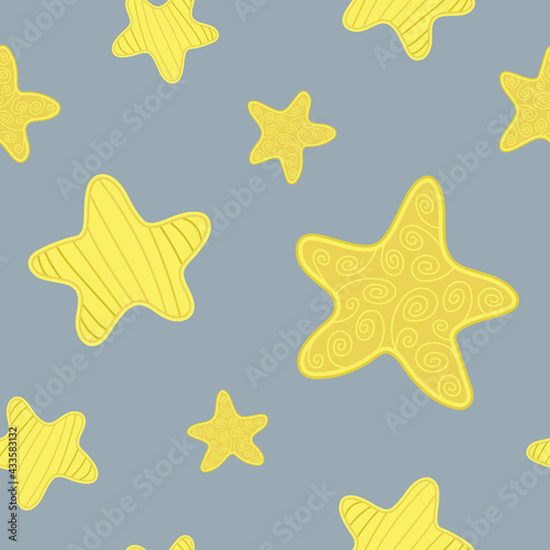 Seamless pattern for baby kids with cute cartoon yellow stars on a gray background. Decorative, stylized elements in a flat style with an ornament. Good night and sweet dreams children's vector design